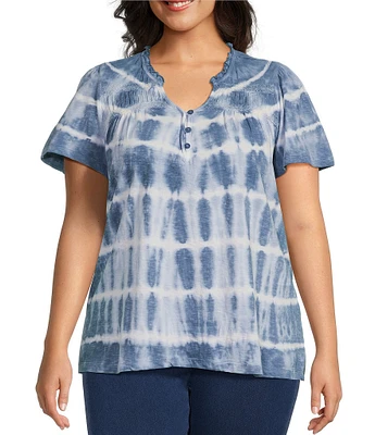 Intro Plus Size Tie-Dye Split V-Neck Short Sleeve Lace Pleated Yoke Tee