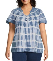 Intro Plus Size Tie-Dye Split V-Neck Short Sleeve Lace Pleated Yoke Tee