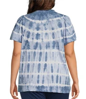 Intro Plus Size Tie-Dye Split V-Neck Short Sleeve Lace Pleated Yoke Tee