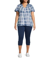 Intro Plus Size Tie-Dye Split V-Neck Short Sleeve Lace Pleated Yoke Tee