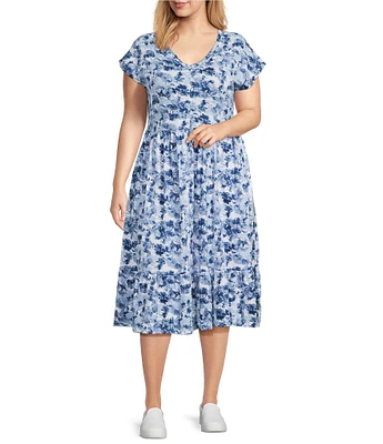 Intro Plus Size Watercolor Floral Print V-Neck Cap Sleeve Tiered A-Line Dress