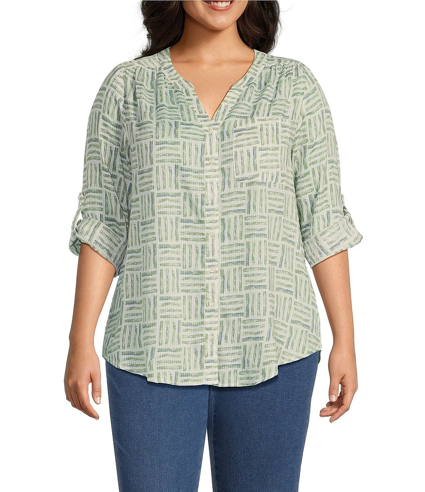 Intro Plus Size Woven Bok Choy Split V-Neck 3/4 Roll-Tab Sleeve Button Front Shirt
