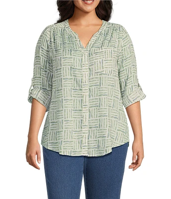Intro Plus Size Woven Bok Choy Split V-Neck 3/4 Roll-Tab Sleeve Button Front Shirt