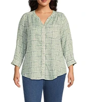 Intro Plus Size Woven Bok Choy Split V-Neck 3/4 Roll-Tab Sleeve Button Front Shirt