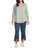 Intro Plus Size Woven Bok Choy Split V-Neck 3/4 Roll-Tab Sleeve Button Front Shirt