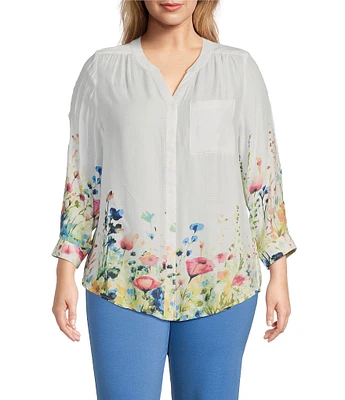 Intro Plus Size Woven Bright White Split V-Neck 3/4 Roll-Tab Sleeve Button-Front Shirt