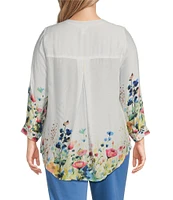 Intro Plus Size Woven Bright White Split V-Neck 3/4 Roll-Tab Sleeve Button-Front Shirt