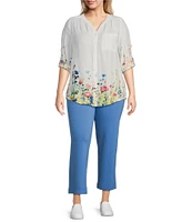 Intro Plus Size Woven Bright White Split V-Neck 3/4 Roll-Tab Sleeve Button-Front Shirt