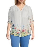 Intro Plus Size Woven Bright White Split V-Neck 3/4 Roll-Tab Sleeve Button-Front Shirt