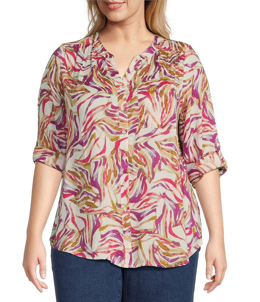 Intro Plus Size Woven Cattleya Split V-Neck 3/4 Roll-Tab Sleeve Button Front Shirt