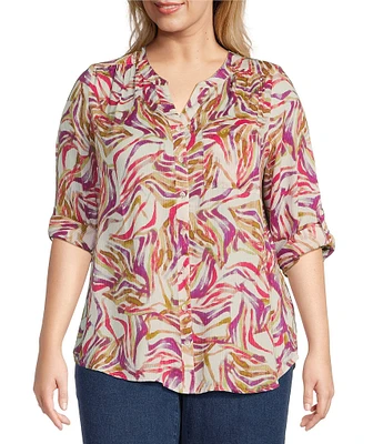 Intro Plus Size Woven Cattleya Split V-Neck 3/4 Roll-Tab Sleeve Button Front Shirt