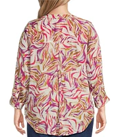 Intro Plus Size Woven Cattleya Split V-Neck 3/4 Roll-Tab Sleeve Button Front Shirt