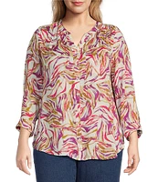 Intro Plus Size Woven Cattleya Split V-Neck 3/4 Roll-Tab Sleeve Button Front Shirt