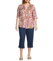 Intro Plus Size Woven Cattleya Split V-Neck 3/4 Roll-Tab Sleeve Button Front Shirt