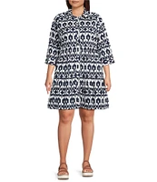Intro Plus Size Woven Geometric Point Collar 3/4 Roll-Tab Sleeve Tiered Button-Front Shirt Dress