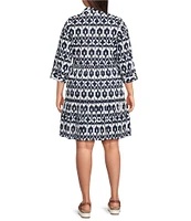Intro Plus Size Woven Geometric Point Collar 3/4 Roll-Tab Sleeve Tiered Button-Front Shirt Dress