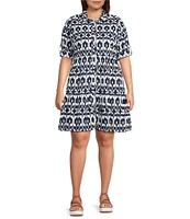 Intro Plus Size Woven Geometric Point Collar 3/4 Roll-Tab Sleeve Tiered Button-Front Shirt Dress