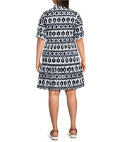 Intro Plus Size Woven Geometric Point Collar 3/4 Roll-Tab Sleeve Tiered Button-Front Shirt Dress