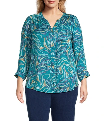 Intro Plus Size Woven Mosaic Blue Split V-Neck 3/4 Roll-Tab Sleeve Button Front Shirt