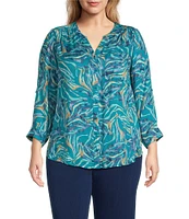 Intro Plus Size Woven Mosaic Blue Split V-Neck 3/4 Roll-Tab Sleeve Button Front Shirt