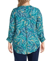 Intro Plus Size Woven Mosaic Blue Split V-Neck 3/4 Roll-Tab Sleeve Button Front Shirt