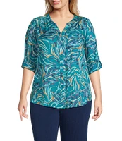 Intro Plus Size Woven Mosaic Blue Split V-Neck 3/4 Roll-Tab Sleeve Button Front Shirt