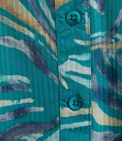 Intro Plus Size Woven Mosaic Blue Split V-Neck 3/4 Roll-Tab Sleeve Button Front Shirt