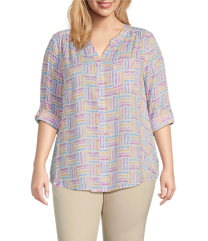 Intro Plus Size Woven Orchid Bouquet Split V-Neck 3/4 Roll-Tab Sleeve Button-Front Shirt