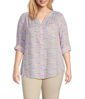 Intro Plus Size Woven Orchid Bouquet Split V-Neck 3/4 Roll-Tab Sleeve Button-Front Shirt