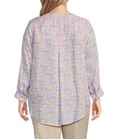 Intro Plus Size Woven Orchid Bouquet Split V-Neck 3/4 Roll-Tab Sleeve Button-Front Shirt