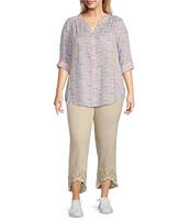 Intro Plus Size Woven Orchid Bouquet Split V-Neck 3/4 Roll-Tab Sleeve Button-Front Shirt