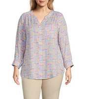 Intro Plus Size Woven Orchid Bouquet Split V-Neck 3/4 Roll-Tab Sleeve Button-Front Shirt