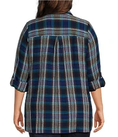 Intro Plus Size Woven Plaid Print Point Collar 3/4 Roll-Tab Sleeve Button Front Shirt