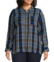 Intro Plus Size Woven Plaid Print Point Collar 3/4 Roll-Tab Sleeve Button Front Shirt