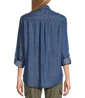 Intro Point Neck Long Roll-Tab Sleeve Shirring Front Detail Button-Front Denim Shirt