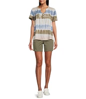 Intro Printed Split V-Neck Short Sleeve Lace Pleated Yoke Tee