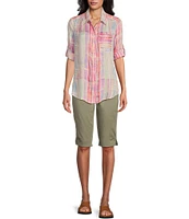 Intro Rose Heatseal Trim Side Hem Embellished Tummy Panel Mid Rise Bermuda Skimmer Shorts