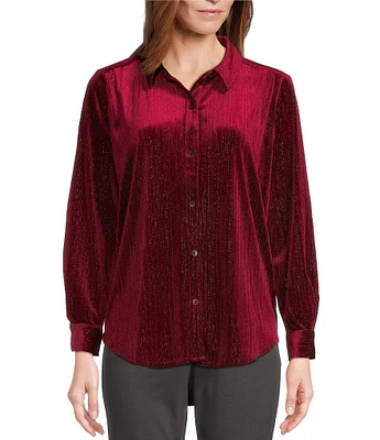 Intro Soft Velvet Lurex Point Collar Long Sleeve Shirttail Hem Button Front Shirt