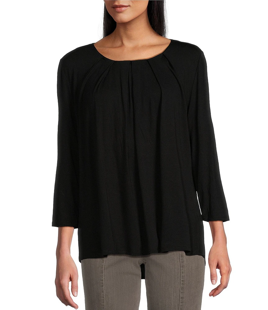 Intro Solid Knit Scoop Neck Pleat Back Detail 3/4 Sleeve Top