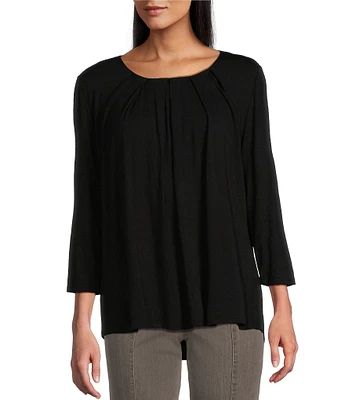 Intro Solid Knit Scoop Neck Pleat Back Detail 3/4 Sleeve Top