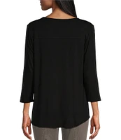 Intro Solid Knit Scoop Neck Pleat Back Detail 3/4 Sleeve Top