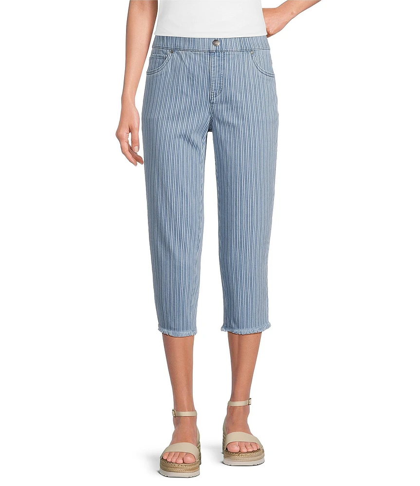 Intro Stripe Print Frayed Hem Pull-On Capri Denim Pants