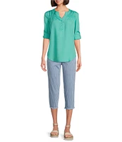 Intro Stripe Print Frayed Hem Pull-On Capri Denim Pants