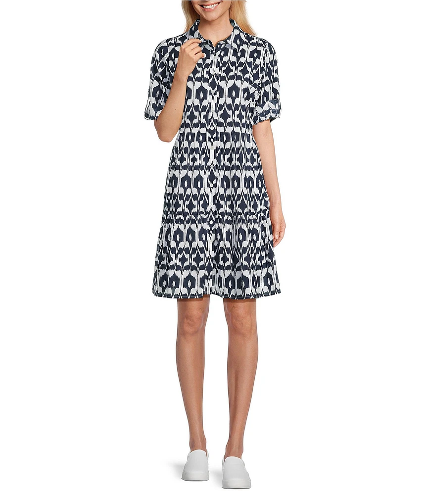 Intro Woven Geometric Print Point Collar 3/4 Roll-Tab Sleeve Tiered Button Front Shirt Dress