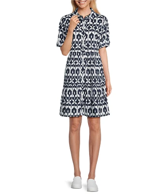 Intro Woven Geometric Print Point Collar 3/4 Roll-Tab Sleeve Tiered Button Front Shirt Dress