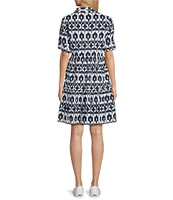 Intro Woven Geometric Print Point Collar 3/4 Roll-Tab Sleeve Tiered Button Front Shirt Dress