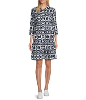 Intro Woven Geometric Print Point Collar 3/4 Roll-Tab Sleeve Tiered Button Front Shirt Dress