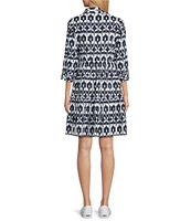 Intro Woven Geometric Print Point Collar 3/4 Roll-Tab Sleeve Tiered Button Front Shirt Dress
