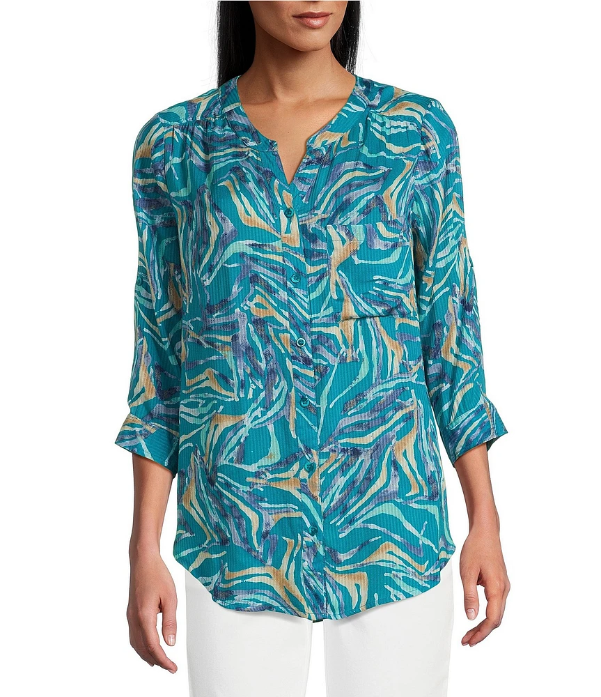 Intro Woven Mosaic Blue Split V-Neck 3/4 Roll-Tab Sleeve Button Front Shirt