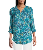 Intro Woven Mosaic Blue Split V-Neck 3/4 Roll-Tab Sleeve Button Front Shirt